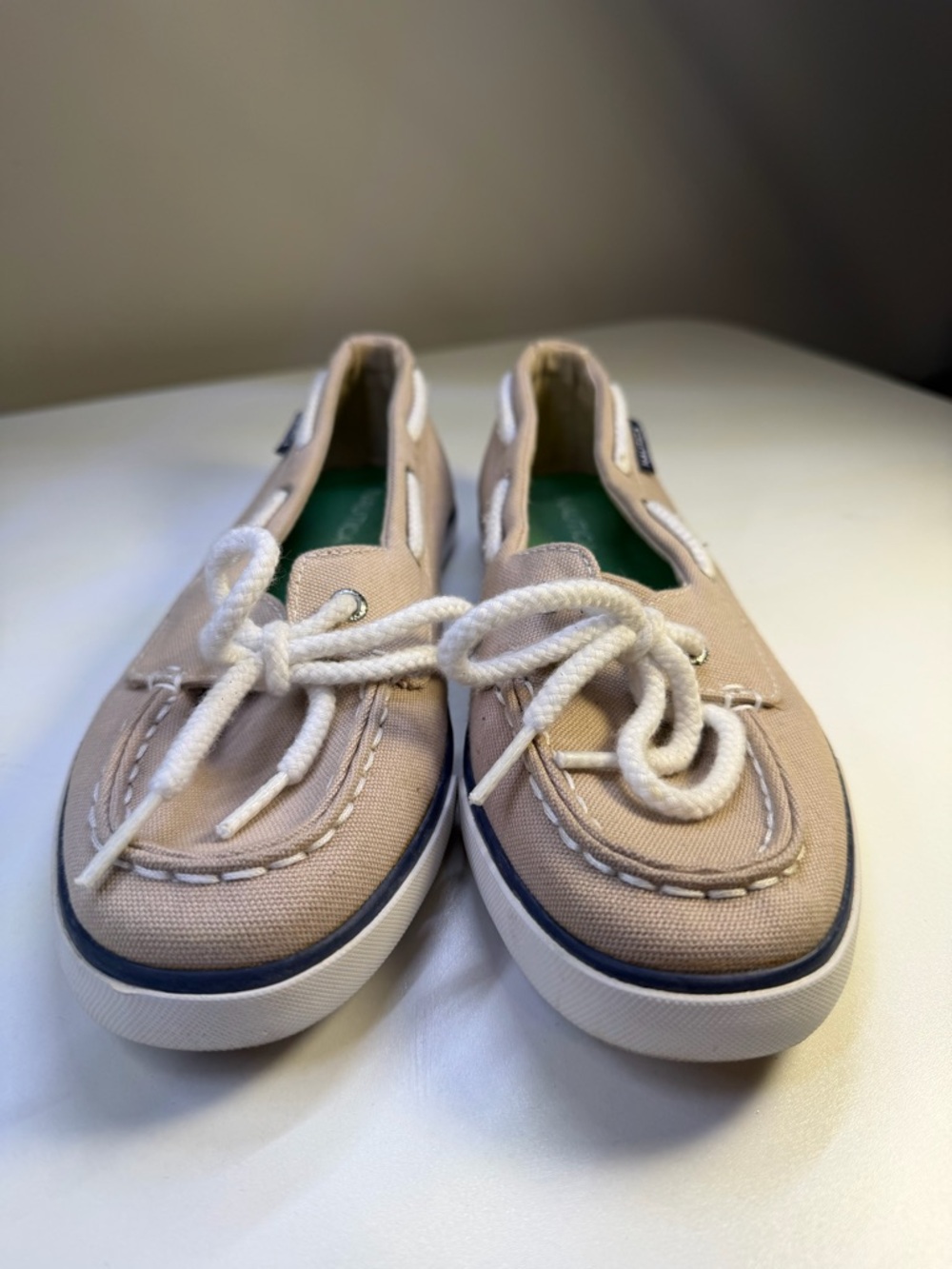 Nautica Beige Canvas Moccasin Boat Shoes with White Laces